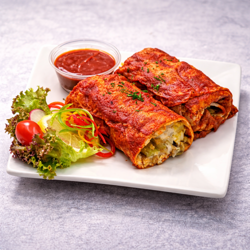 Chicken Doner Roll with potato wedges and tomato sauce